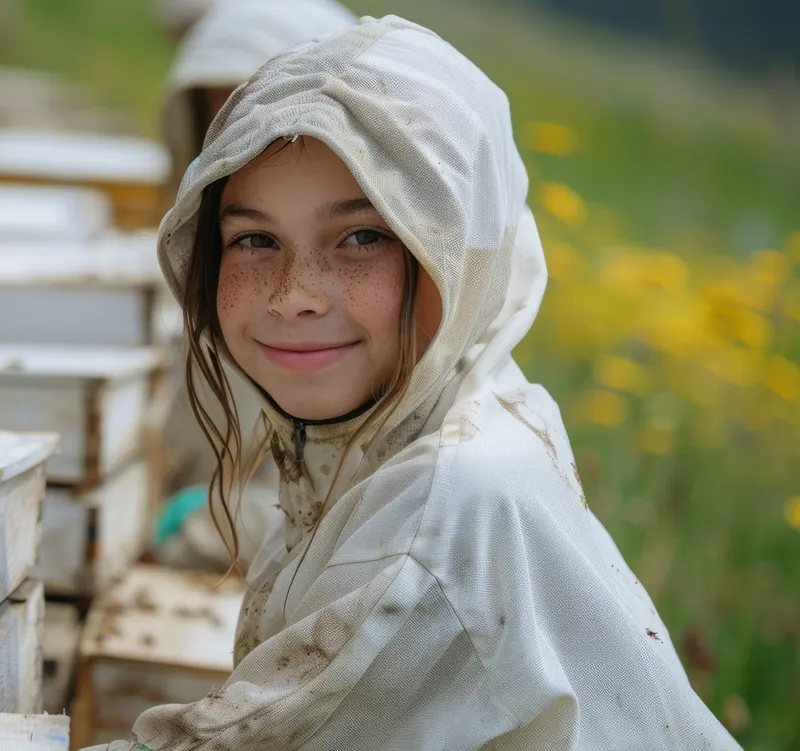 Une jeune apicultrice souriante en combinaison blanche devant les ruches